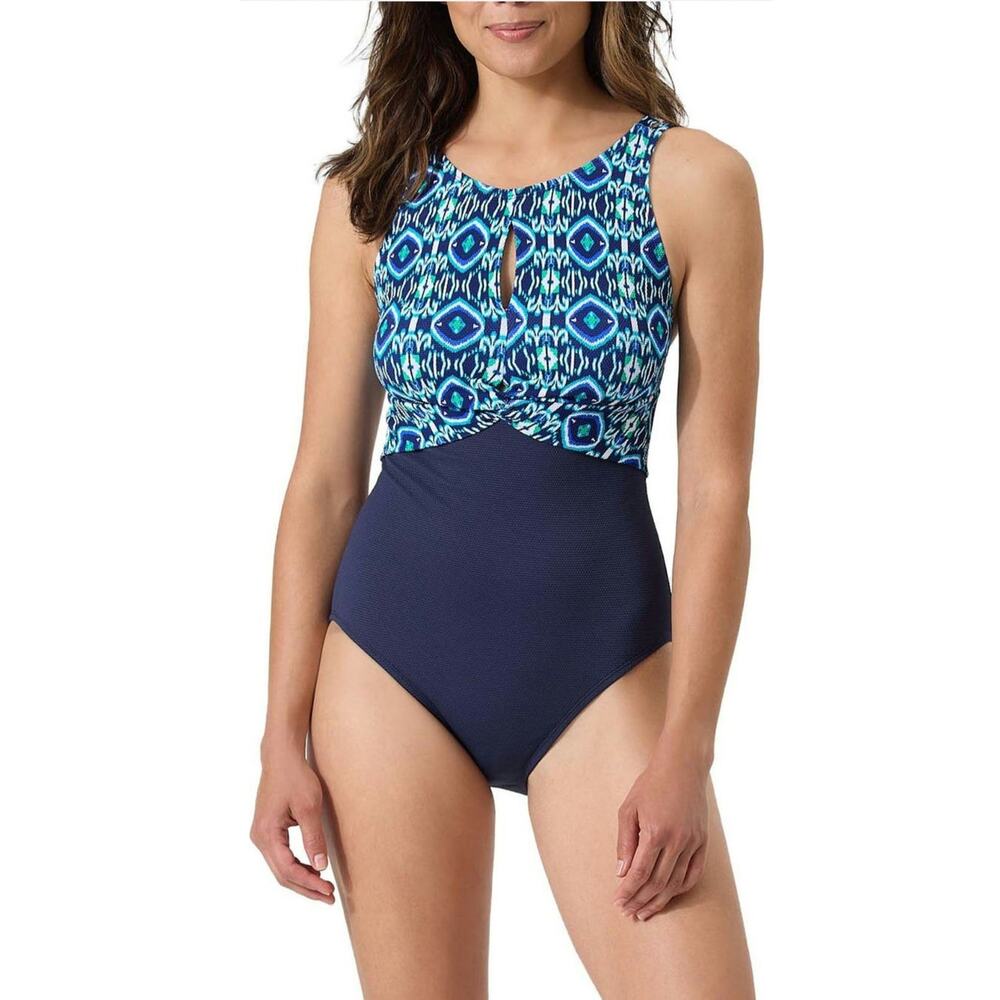 Tommy Bahama NWT Island Cays Ikat High Neck One Piece Swimsuit Blue White 8